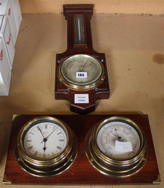 Negretti & Zambra aneroid barometer in oak frame and a modern combination clock / barometer